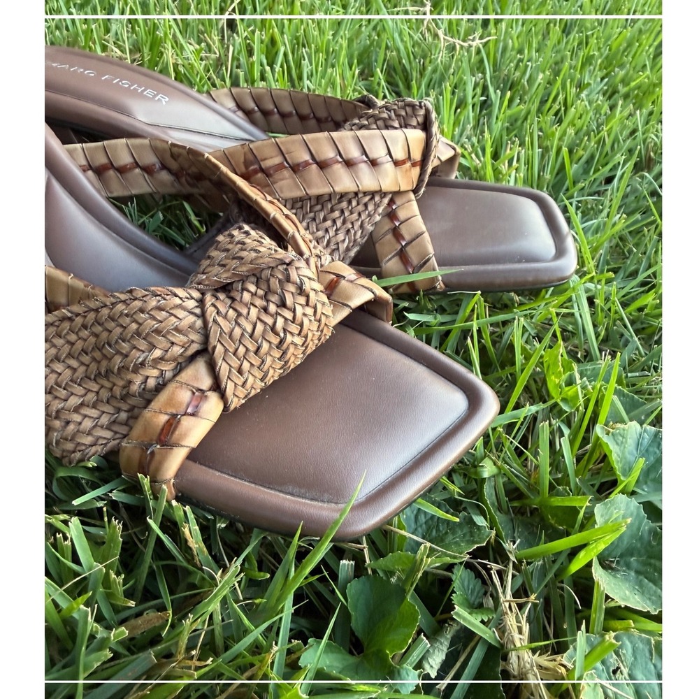 Marc Fisher Brown Woven Knotted Block Heel Slide Sandals Mules Square Toe 8M